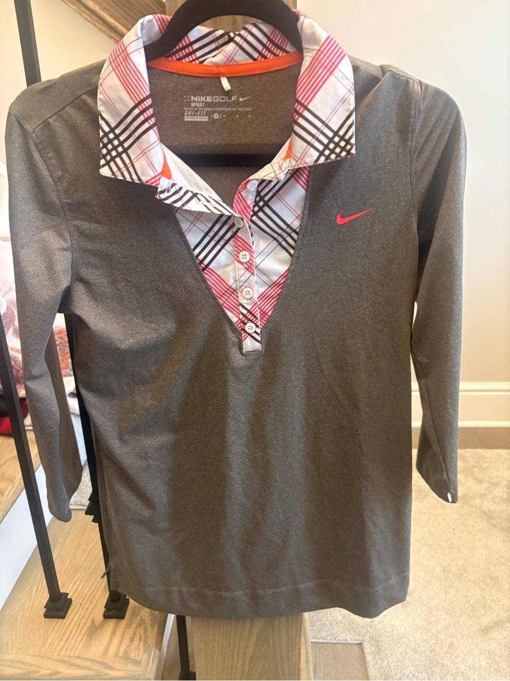 Nike Kids Gray Long-Sleeve Polo with Pink Plaid Trim